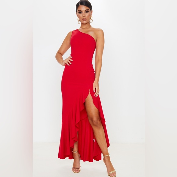 PrettyLittleThing Dresses & Skirts - Pretty Little Thing One Shoulder Long Ruffle Dress